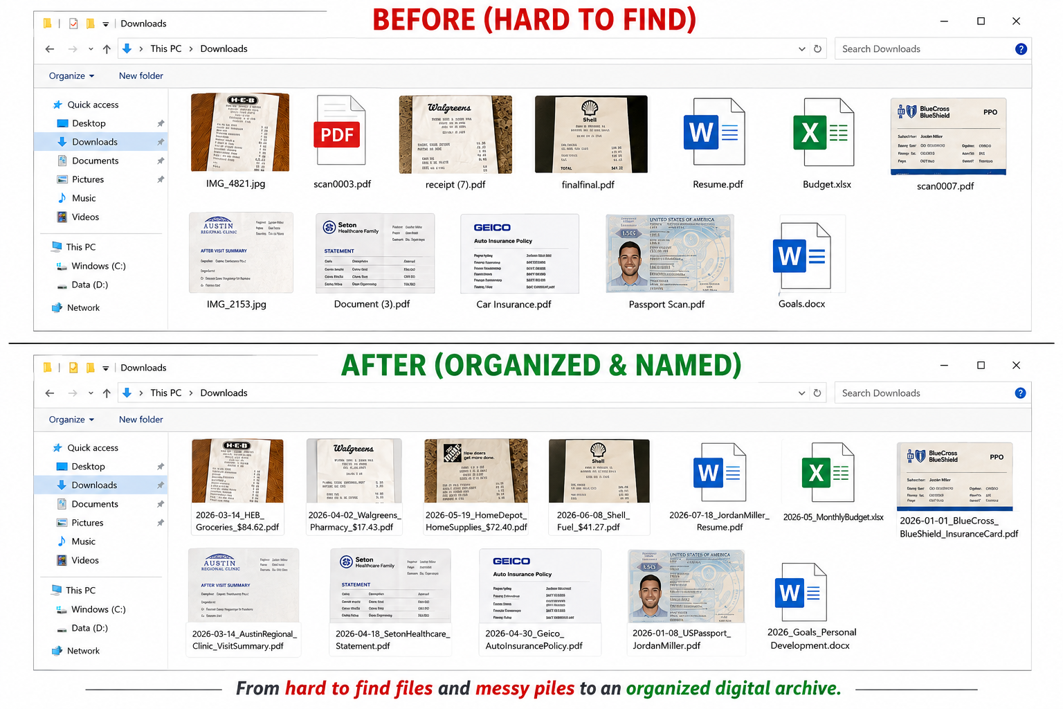 Personal Downloads folder before and after organization