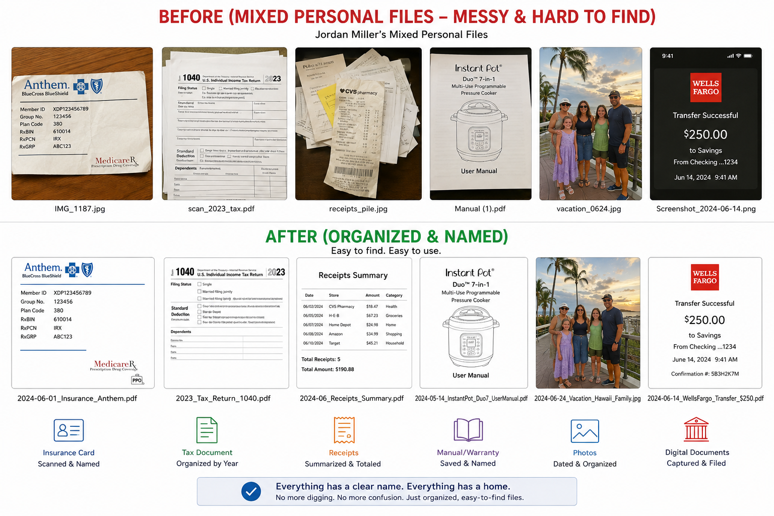 Mixed paper scanning project before and after organization