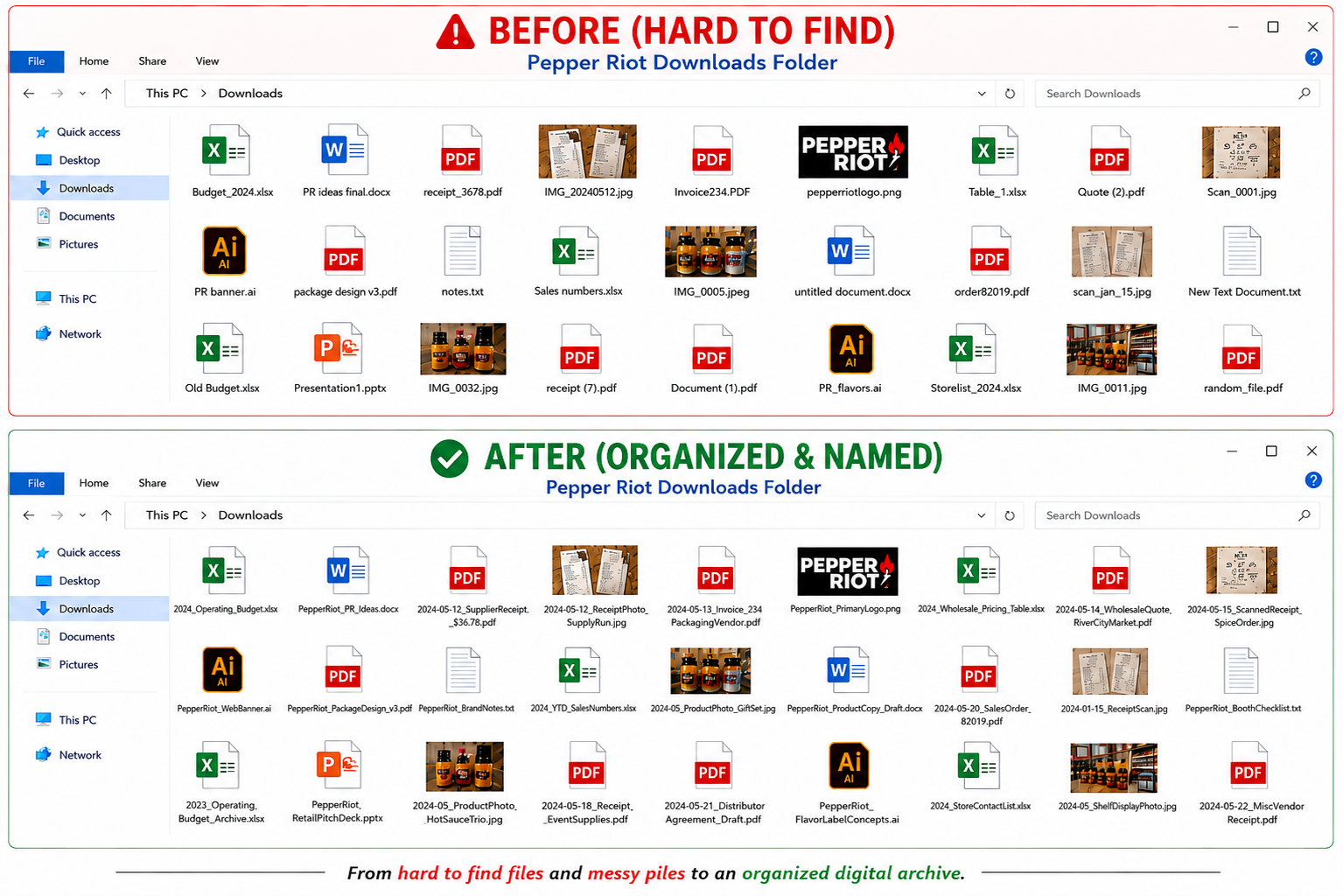 Pepper Riot Downloads folder before and after organization